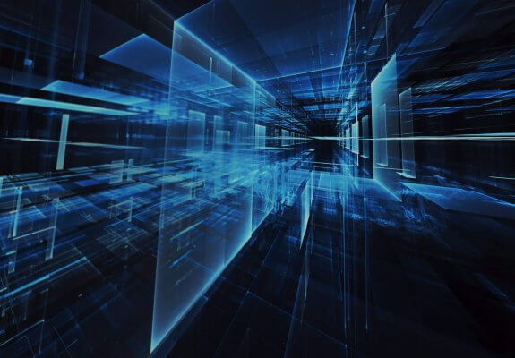 Abstract 3D illustration of a virtual neon city